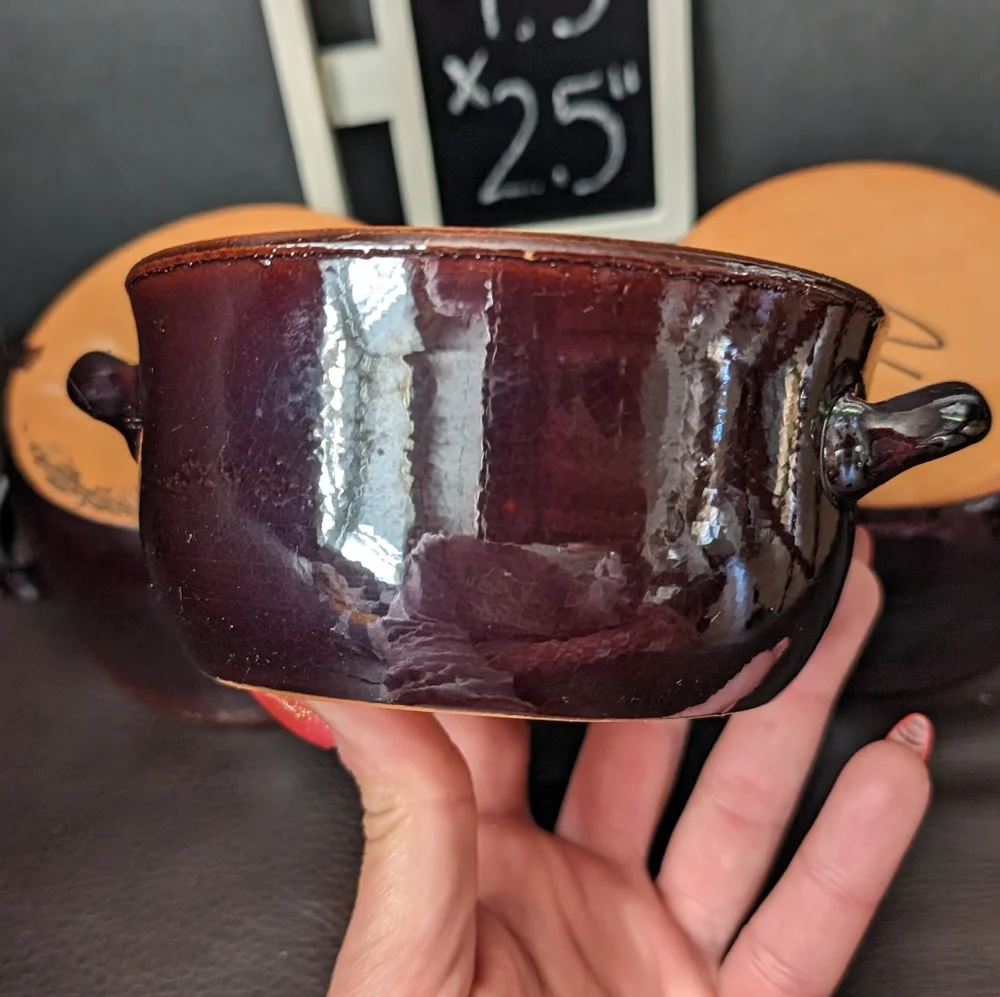 Vintage redware brown/ orange glazed crockery soup bowls‎ with handles lot of 3